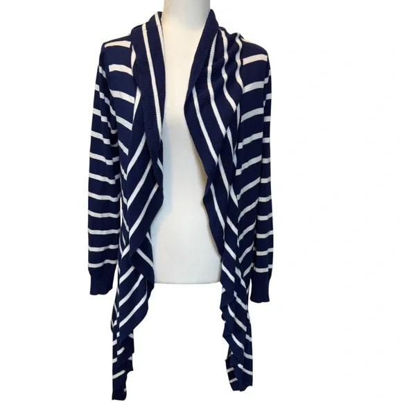Soft Surroundings Navy White Stripe Open Front Waterfall Neck Cardigan Sweater - Picture 3 of 8